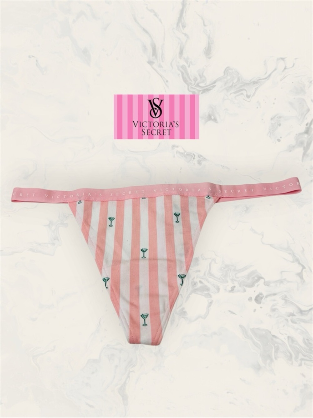 Victoria's Secret Size M Pink Striped V- string Thong with Martini Motif
